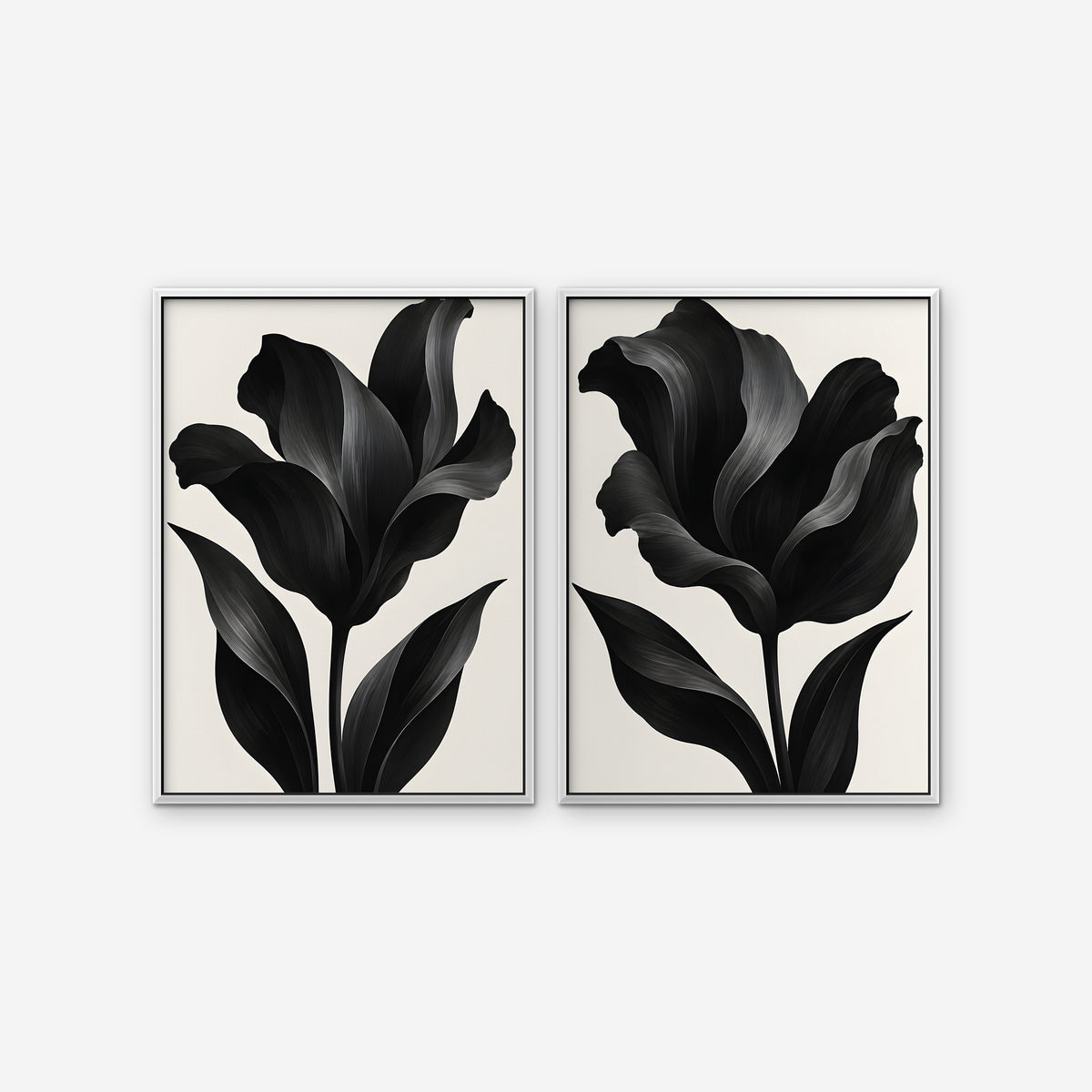 Black Tulips Canvas Art - Set of 2 – White Floating Frame on white background