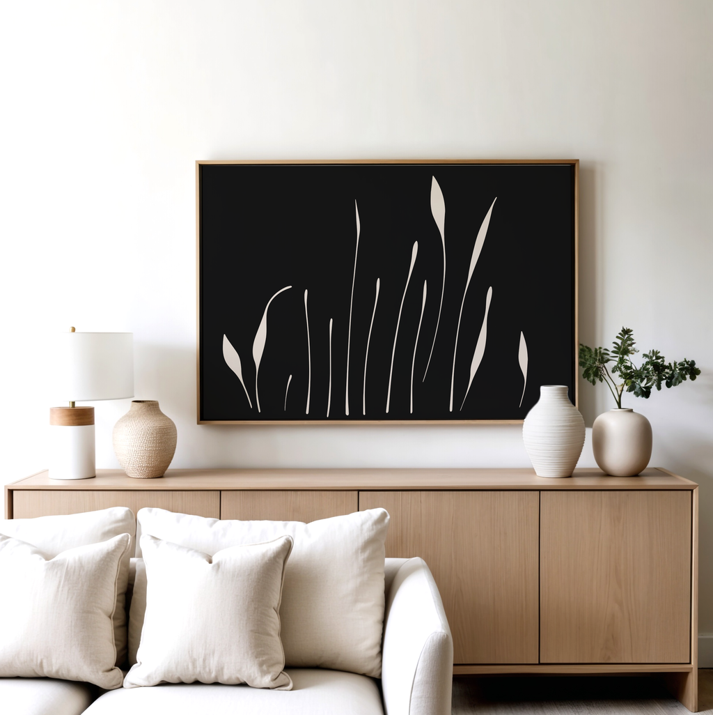 Whispers in Bloom – black botanical canvas wall art print by Aspire Prints