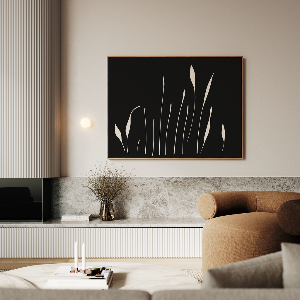 Whispers in Bloom – black botanical canvas wall art print by Aspire Prints