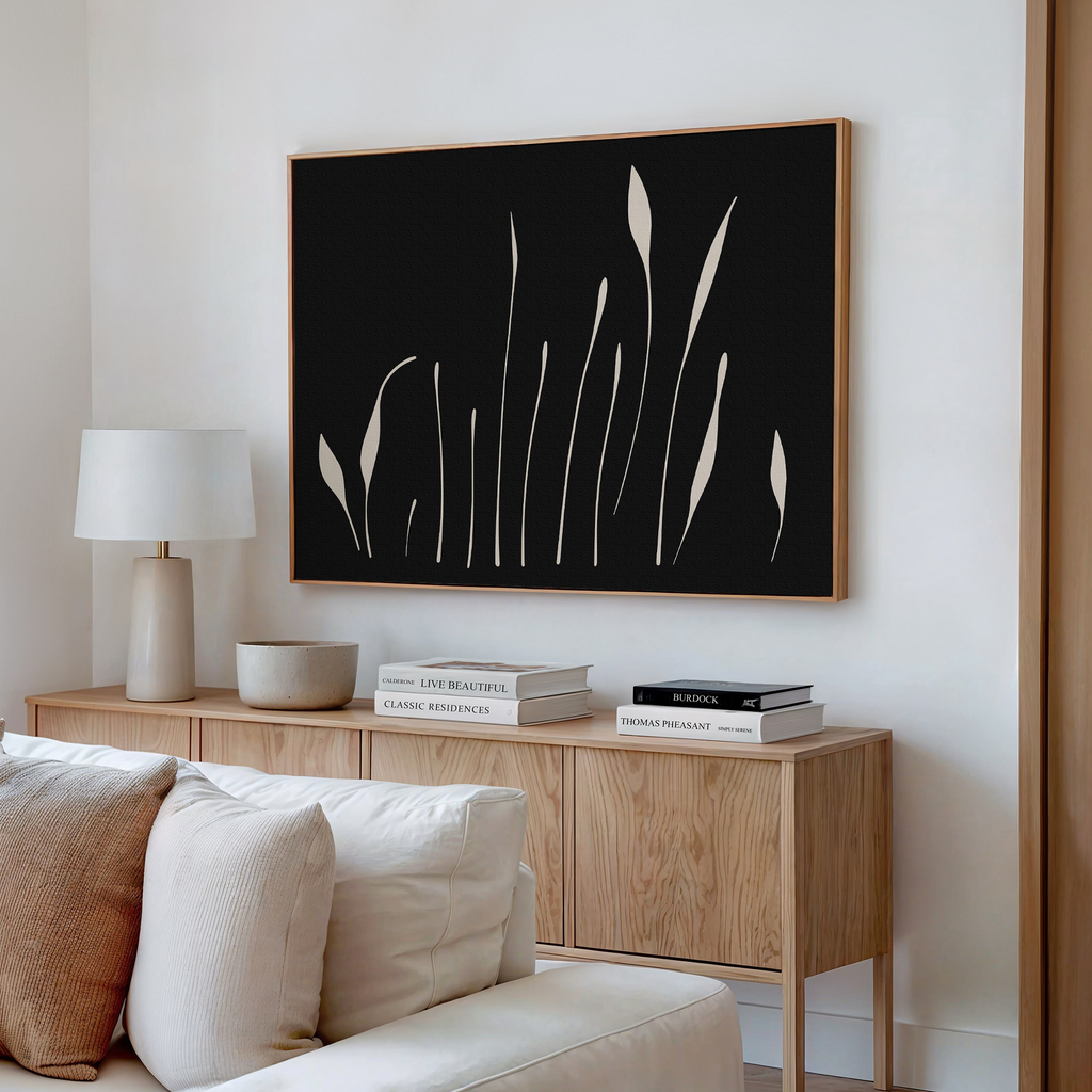 Whispers in Bloom – black botanical canvas wall art print by Aspire Prints