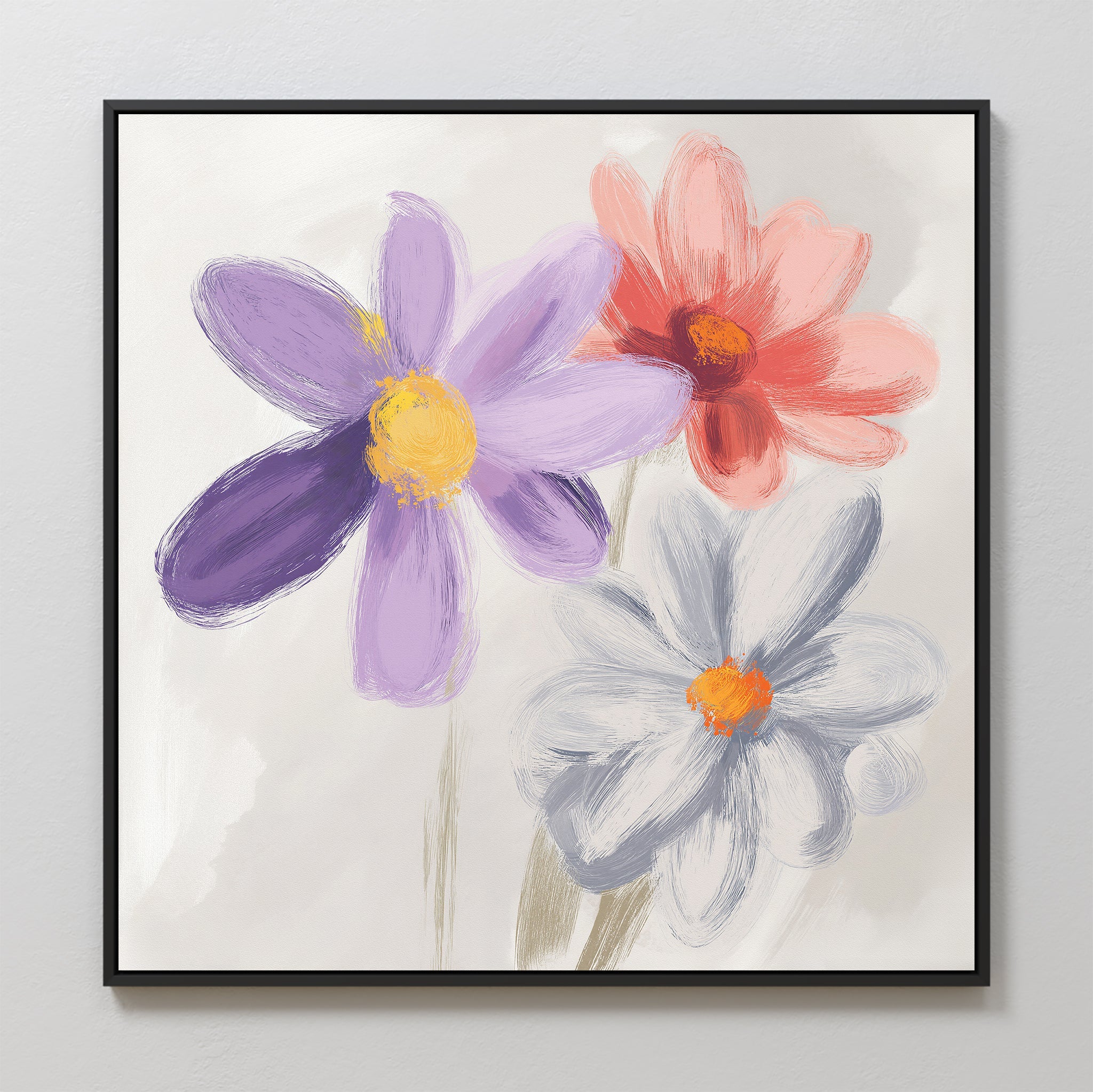 Three Petals in Quiet Conversation – multicolour botanical canvas wall art print by Aspire Prints