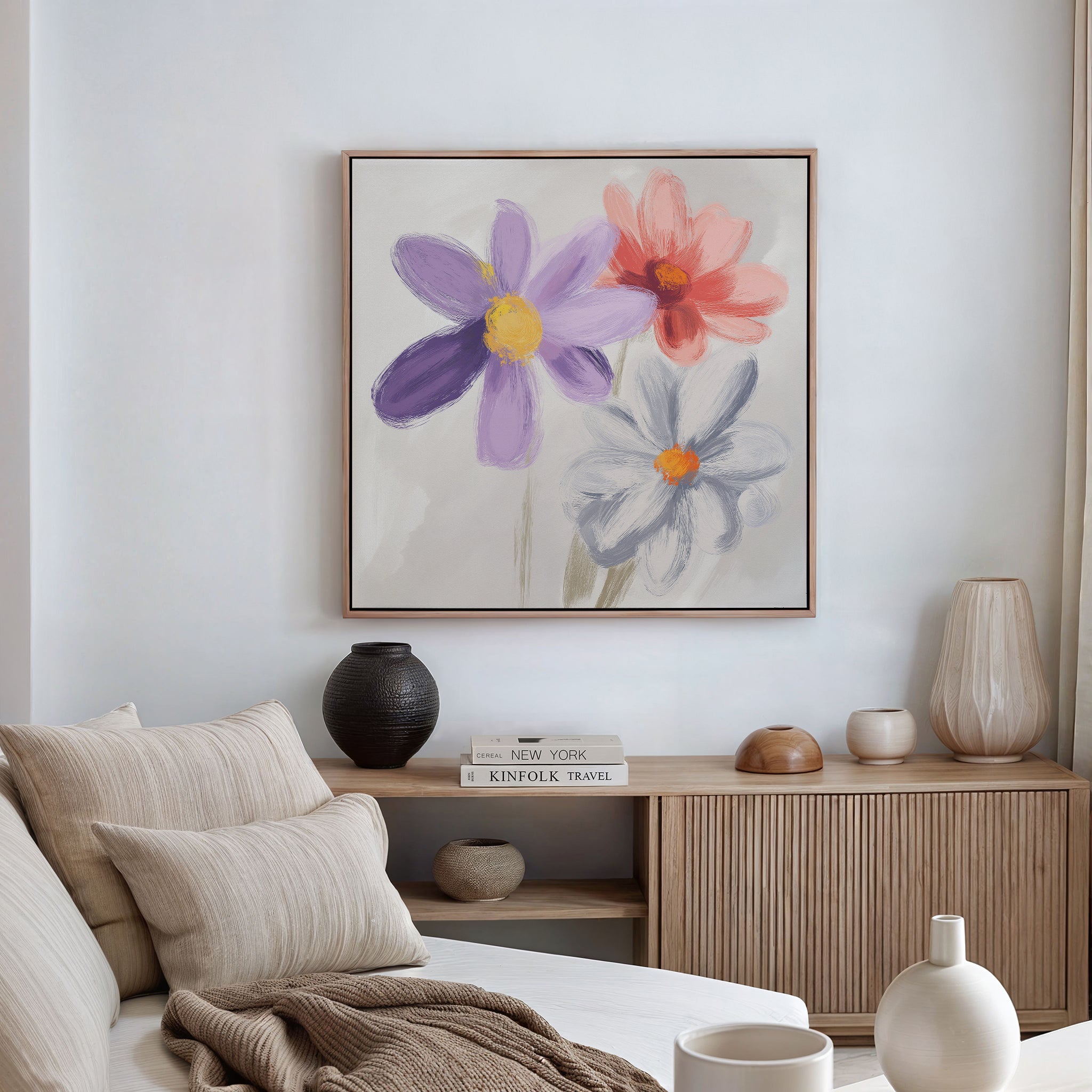 Three Petals in Quiet Conversation – multicolour botanical canvas wall art print by Aspire Prints