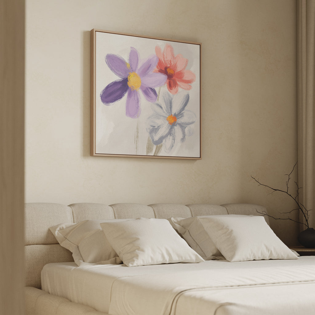 Three Petals in Quiet Conversation – multicolour botanical canvas wall art print by Aspire Prints