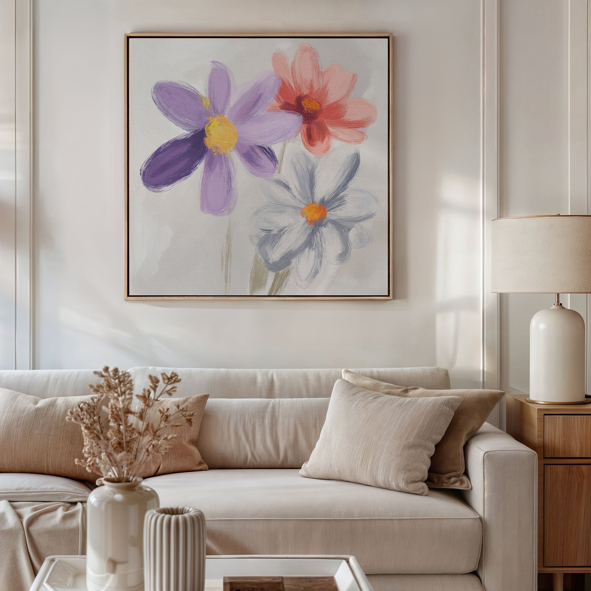 Three Petals in Quiet Conversation – multicolour botanical canvas wall art print by Aspire Prints