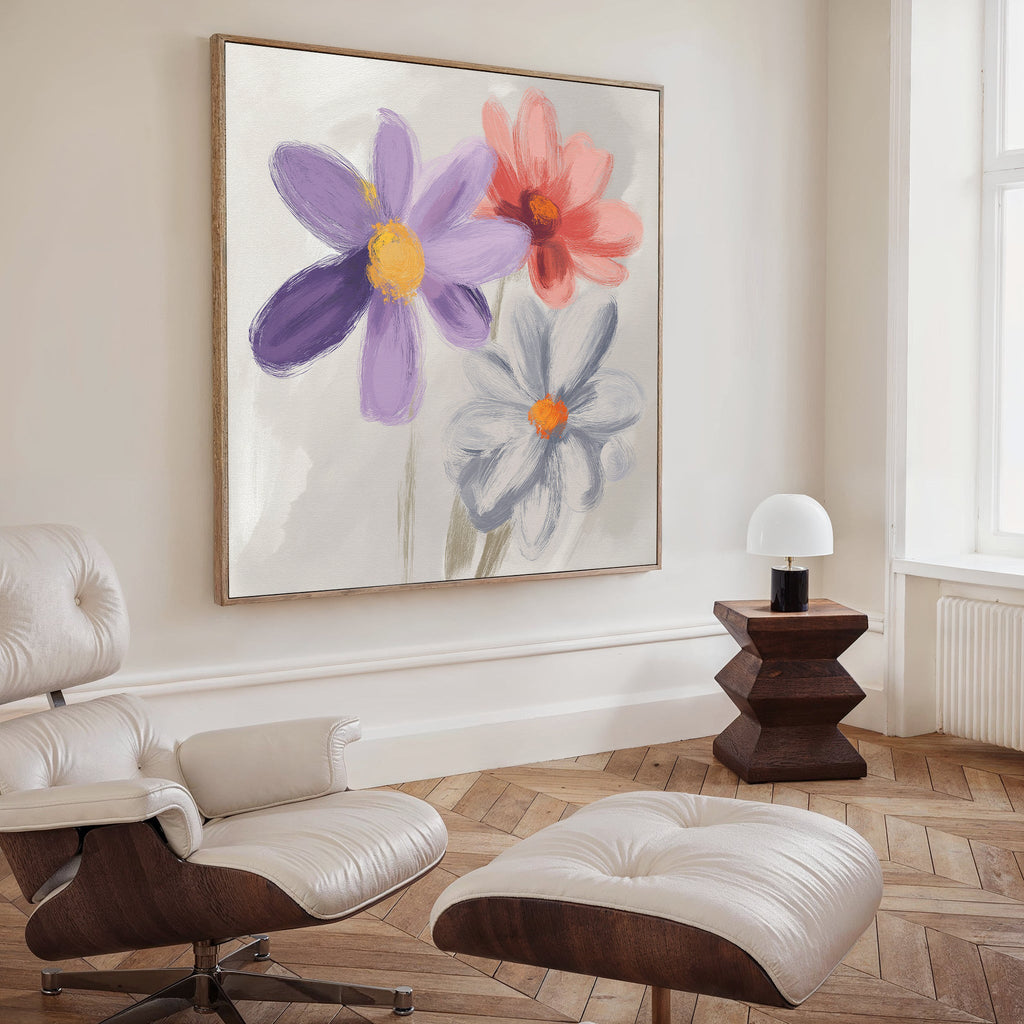 Three Petals in Quiet Conversation – multicolour botanical canvas wall art print by Aspire Prints