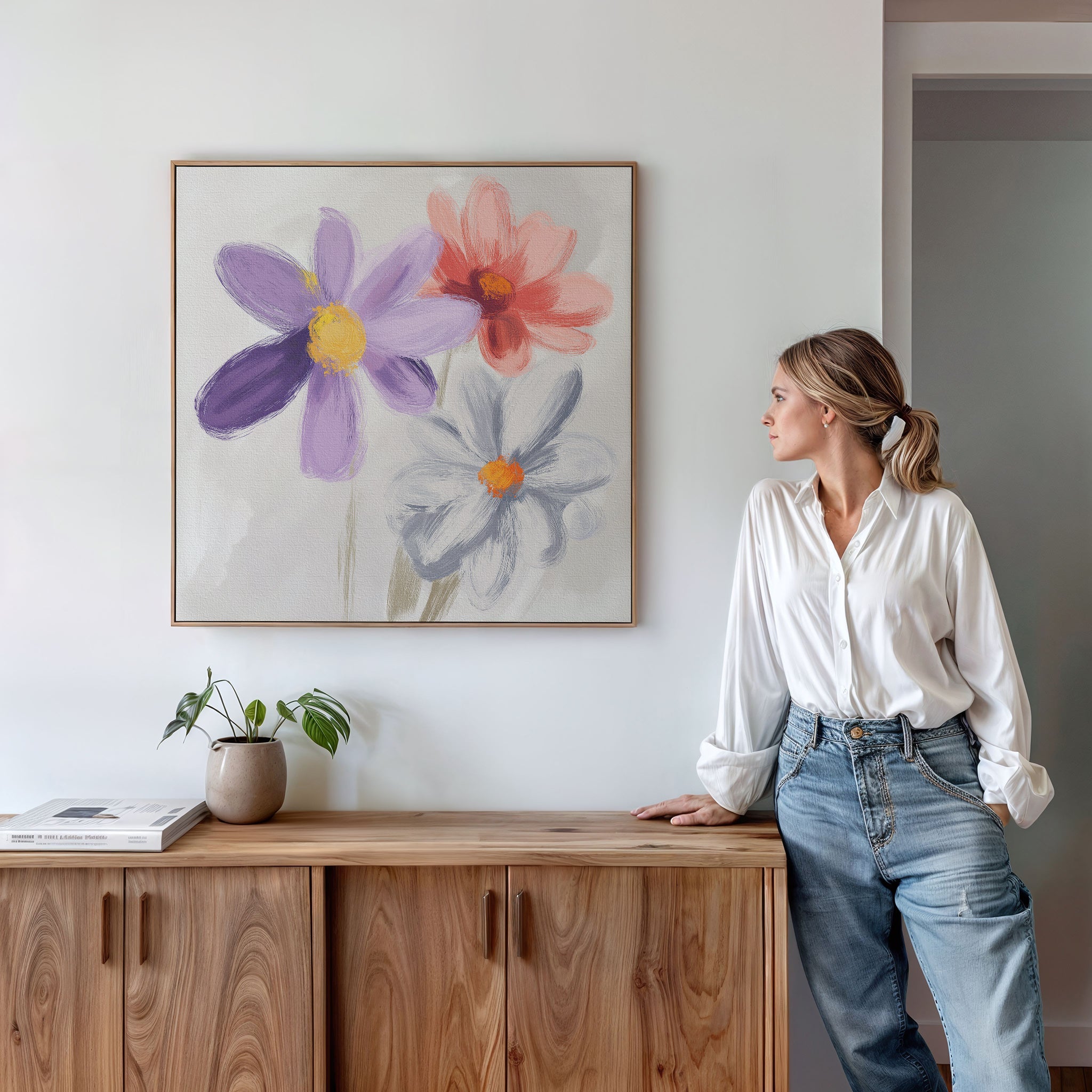 Three Petals in Quiet Conversation – multicolour botanical canvas wall art print by Aspire Prints