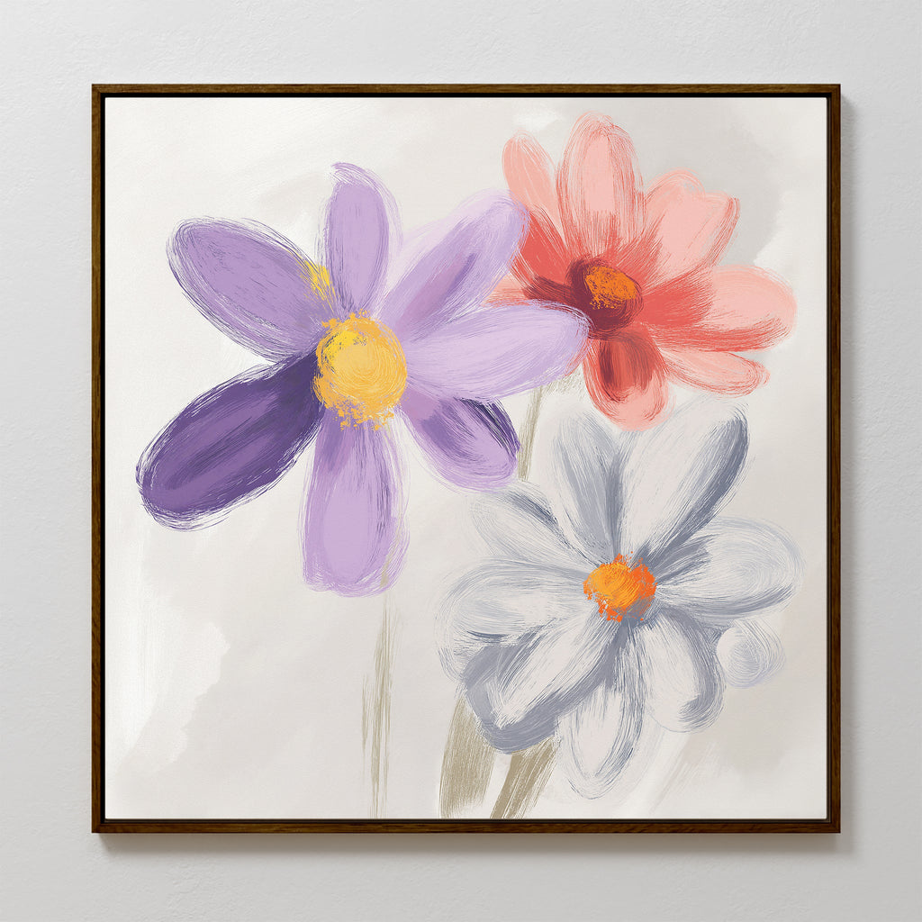 Three Petals in Quiet Conversation – multicolour botanical canvas wall art print by Aspire Prints