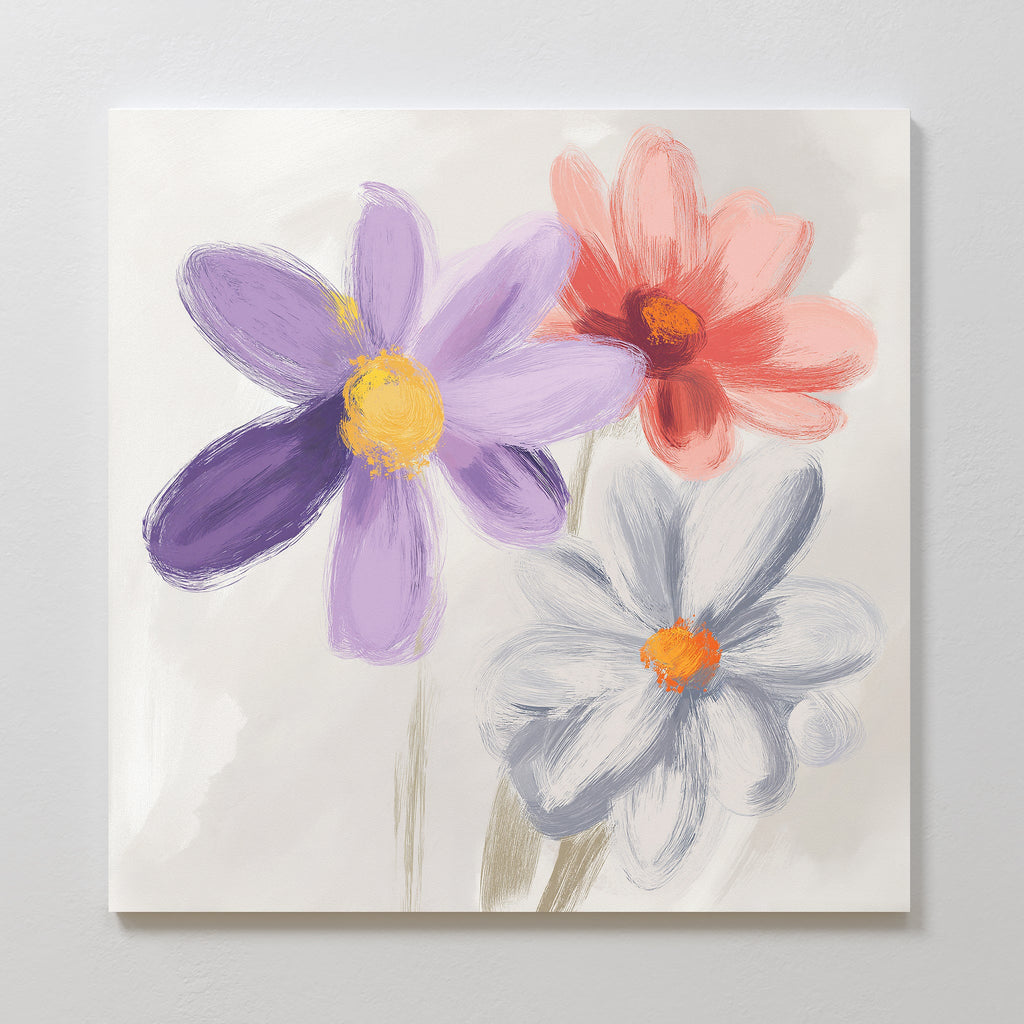 Three Petals in Quiet Conversation – multicolour botanical canvas wall art print by Aspire Prints