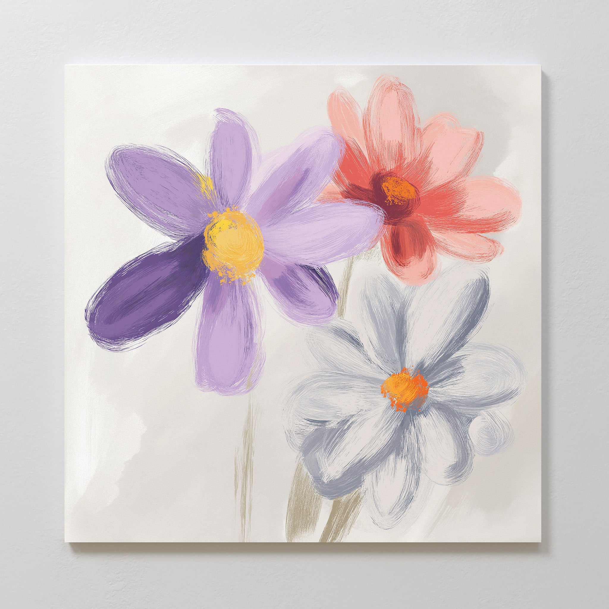 Three Petals in Quiet Conversation – multicolour botanical canvas wall art print by Aspire Prints