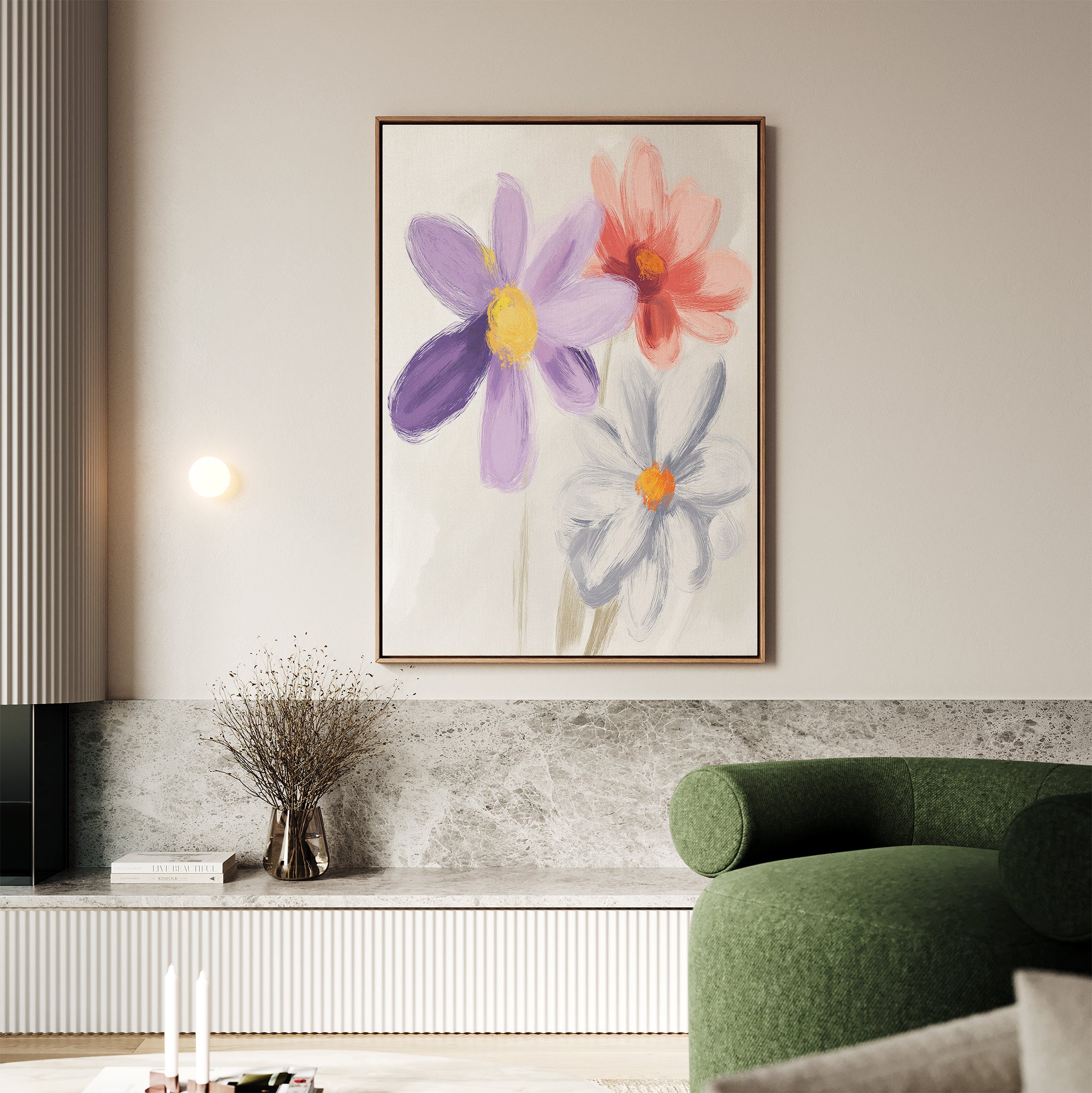 Petals in Quiet Conversation – multicolour botanical canvas wall art print by Aspire Prints
