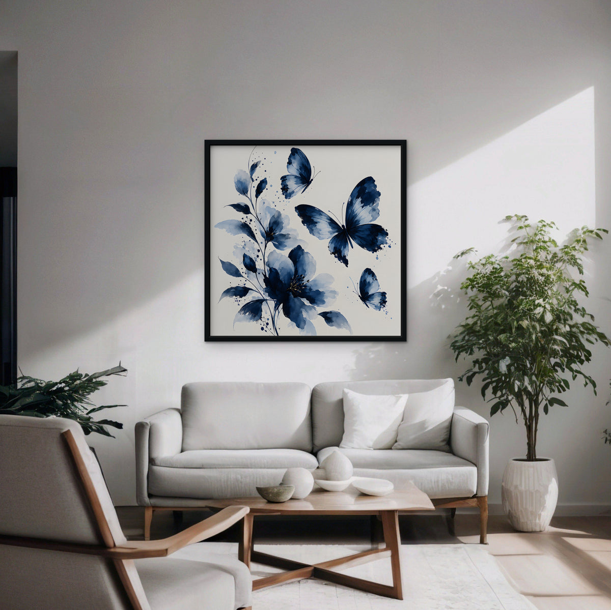 Blue Butterflies Canvas Art - Square – Black Floating Frame in room setting