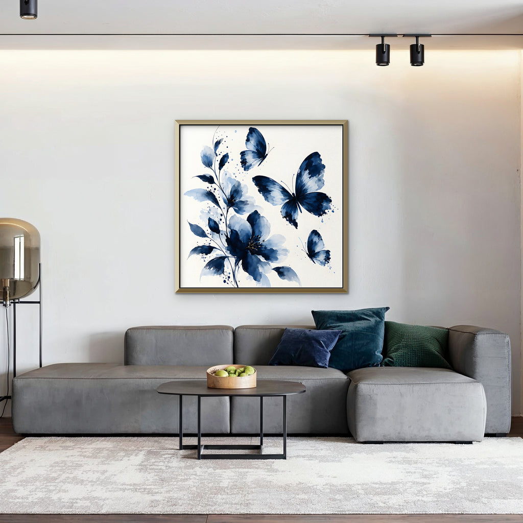 Blue Butterflies Canvas Art - Square – Gold Floating Frame in room setting