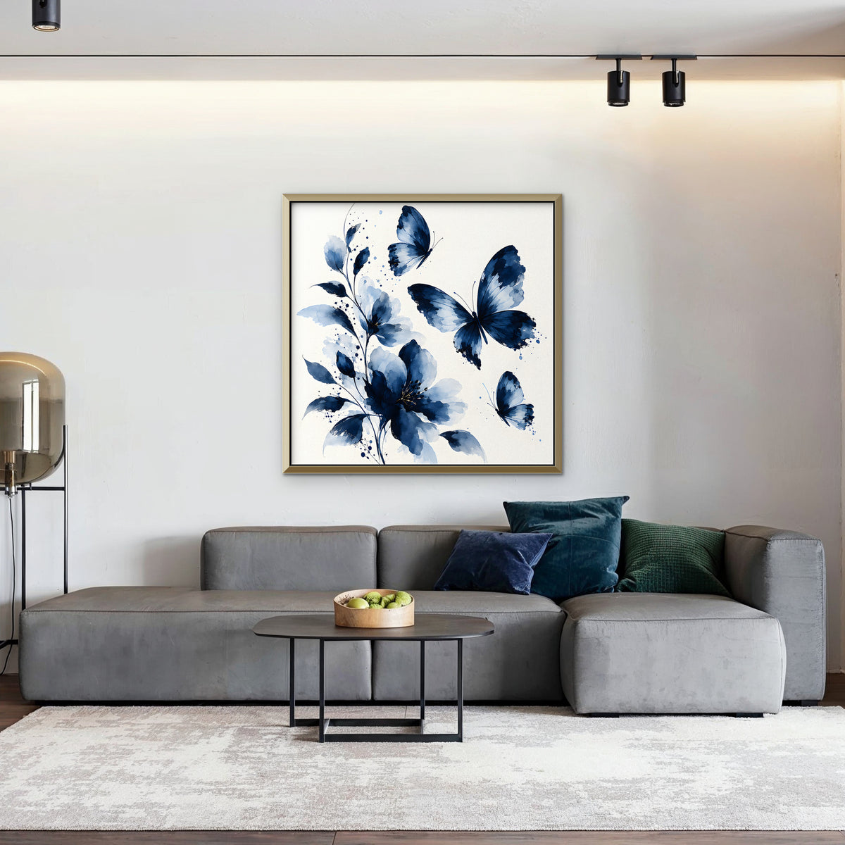 Blue Butterflies Canvas Art - Square – Gold Floating Frame in room setting