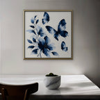 Blue Butterflies Canvas Art - Square – Gold Floating Frame in room setting
