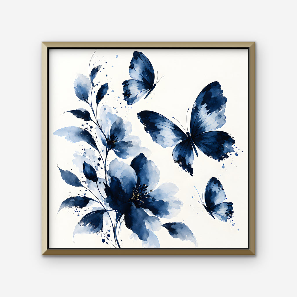 Blue Butterflies Canvas Art - Square – Gold Floating Frame on white background