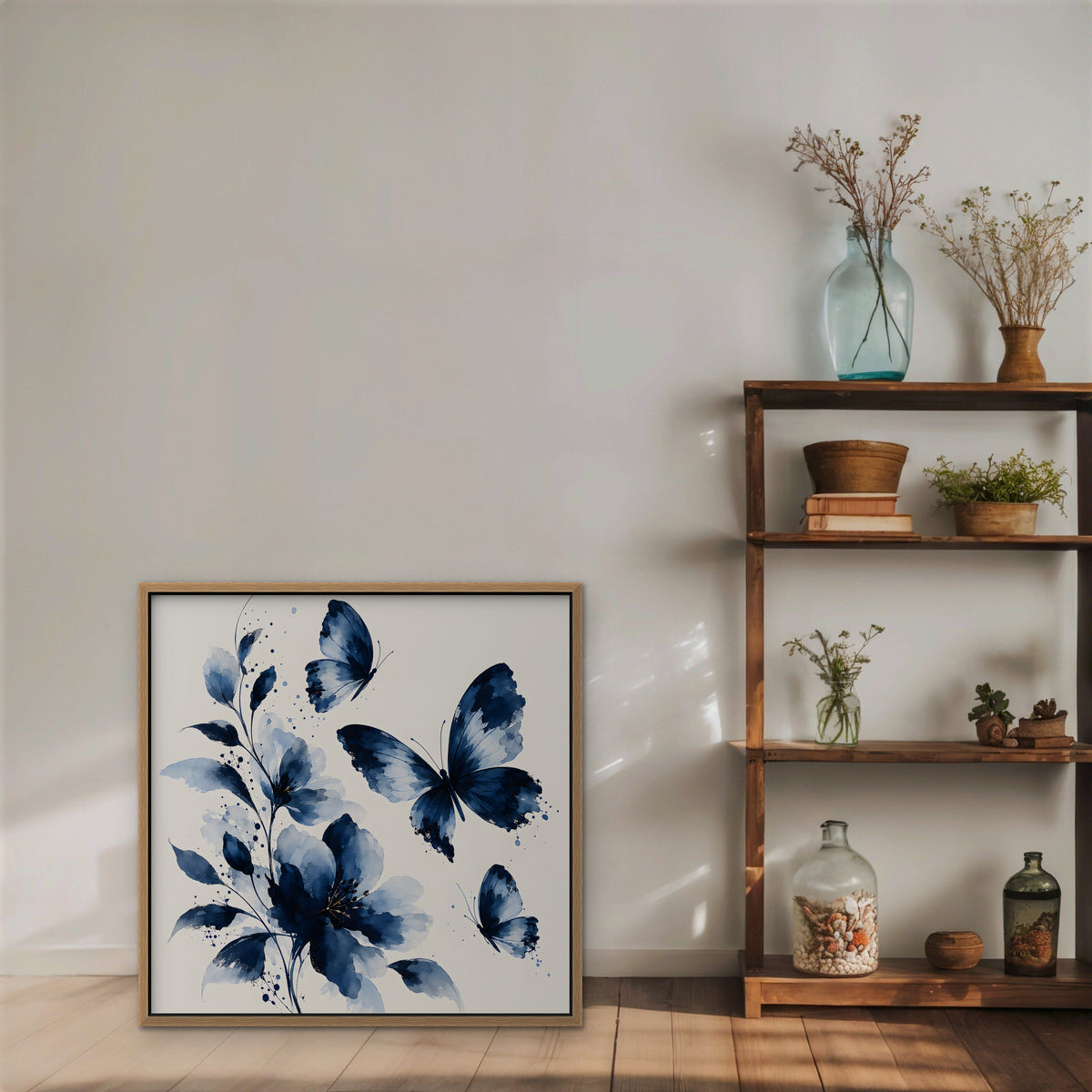 Blue Butterflies Canvas Art - Square – Oak Floating Frame in room setting