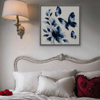 Blue Butterflies Canvas Art - Square – Silver Floating Frame in room setting