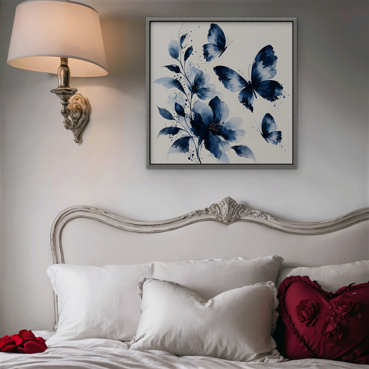 Blue Butterflies Canvas Art - Square – Silver Floating Frame in room setting