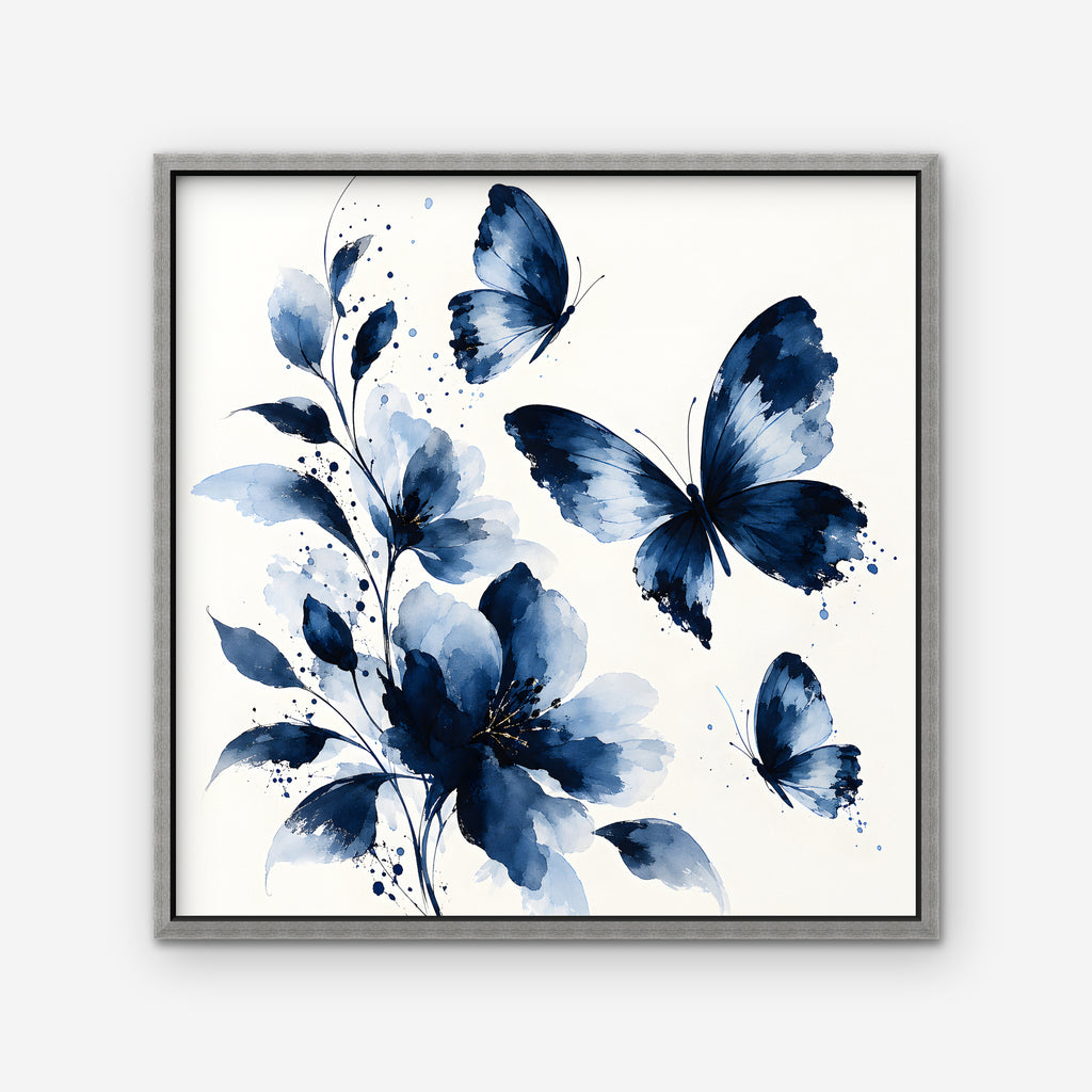 Blue Butterflies Canvas Art - Square – Silver Floating Frame on white background