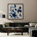 Blue Butterflies Canvas Art - Square – Walnut Floating Frame in room setting