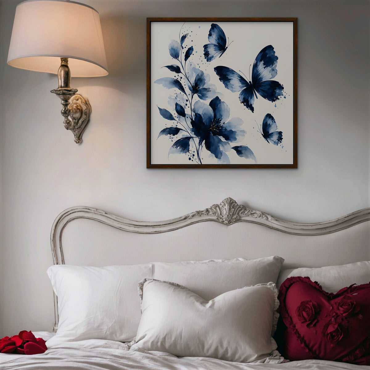 Blue Butterflies Canvas Art - Square – Walnut Floating Frame in room setting
