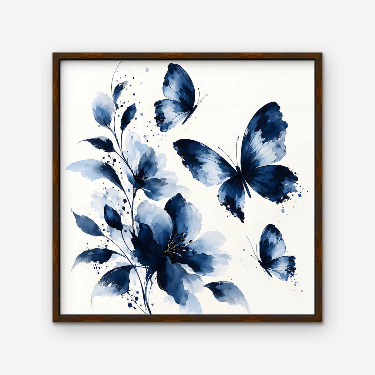 Blue Butterflies Canvas Art - Square – Walnut Floating Frame on white background