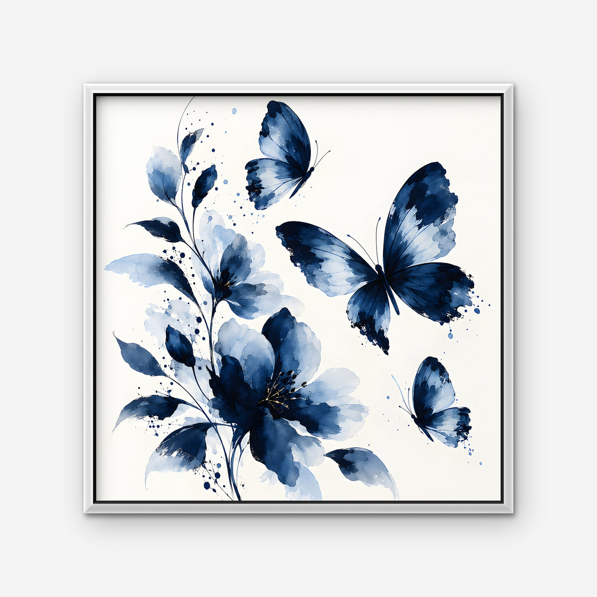 Blue Butterflies Canvas Art - Square – White Floating Frame on white background