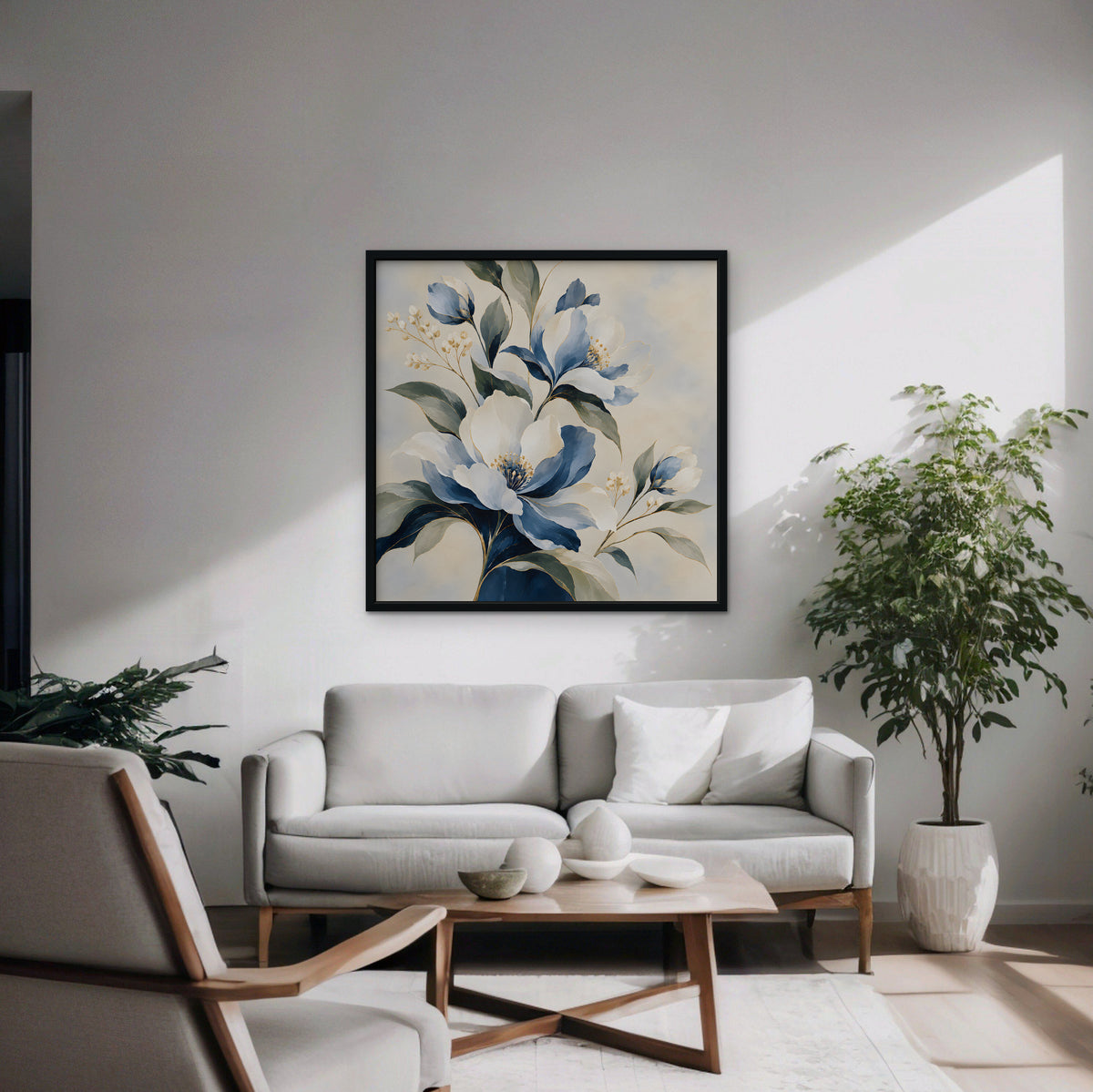 Blue Magnolia Bouquet Canvas Art - Square – Black Floating Frame in room setting