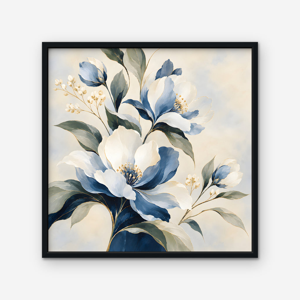 Blue Magnolia Bouquet Canvas Art - Square – Black Floating Frame on white background