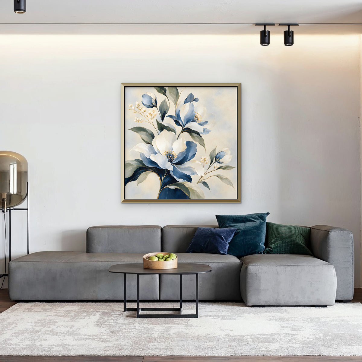 Blue Magnolia Bouquet Canvas Art - Square – Gold Floating Frame in room setting