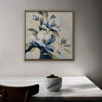 Blue Magnolia Bouquet Canvas Art - Square – Gold Floating Frame in room setting