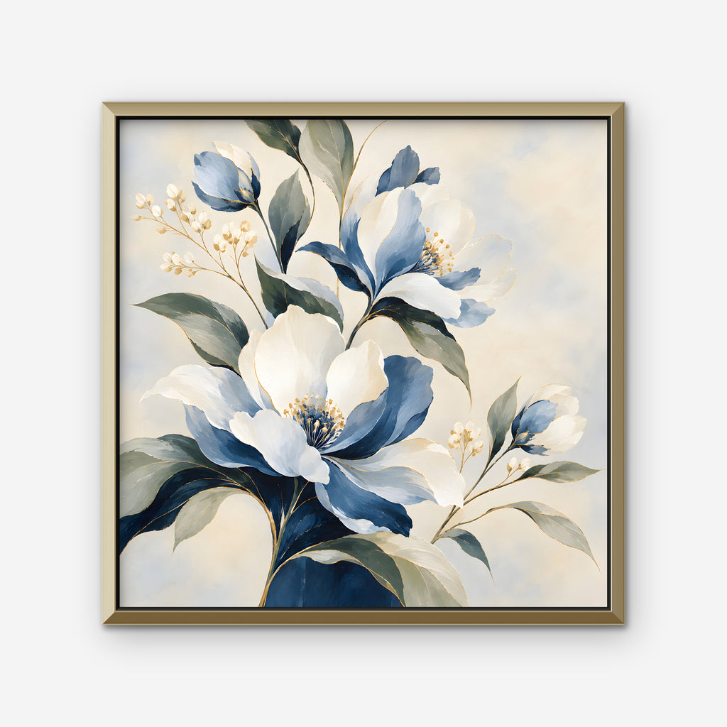 Blue Magnolia Bouquet Canvas Art - Square – Gold Floating Frame on white background