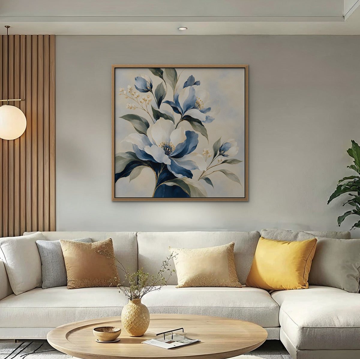 Blue Magnolia Bouquet Canvas Art - Square – Oak Floating Frame in room setting