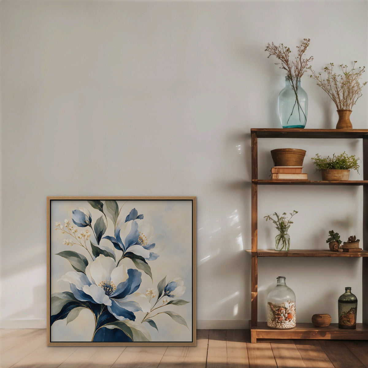 Blue Magnolia Bouquet Canvas Art - Square – Oak Floating Frame in room setting