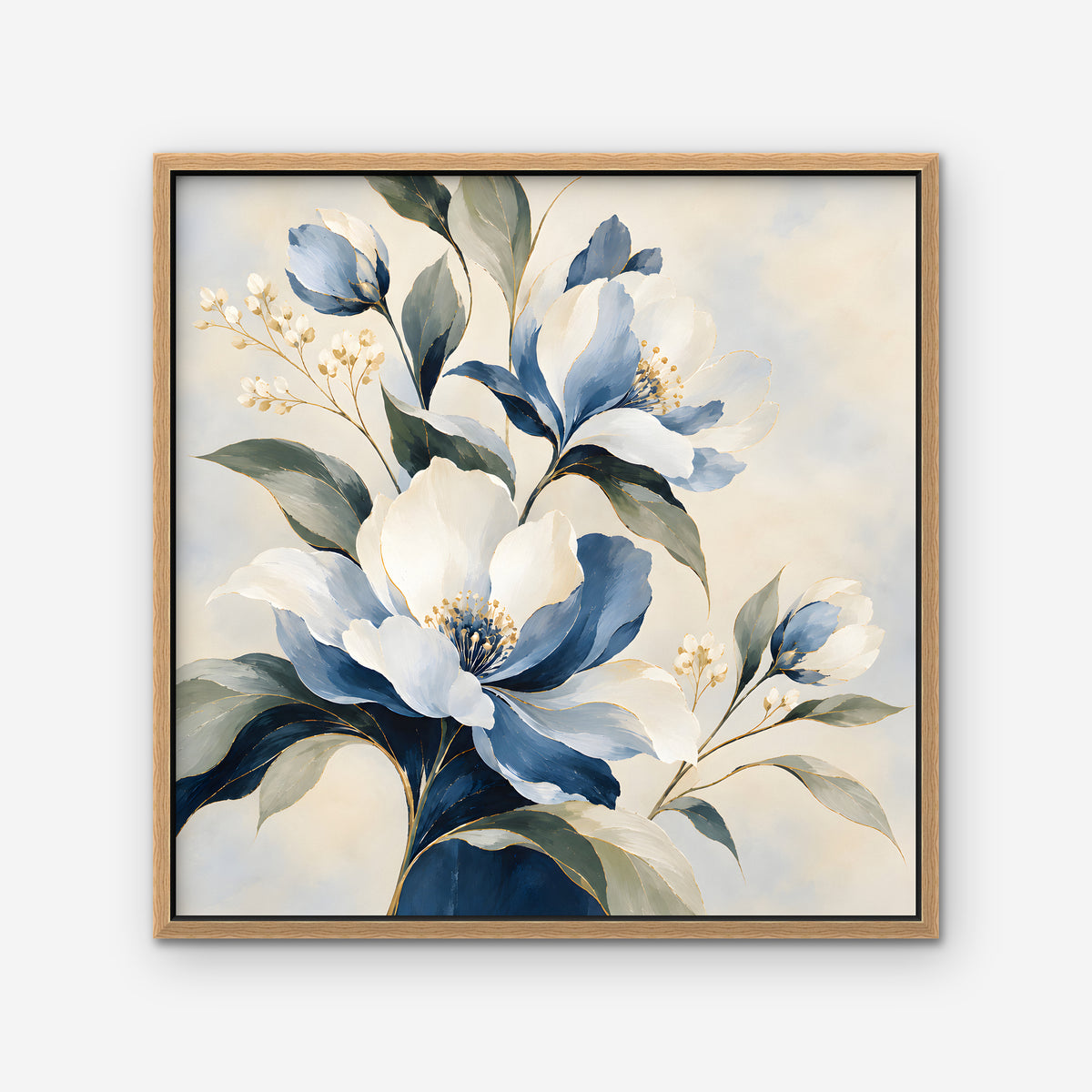 Blue Magnolia Bouquet Canvas Art - Square – Oak Floating Frame on white background