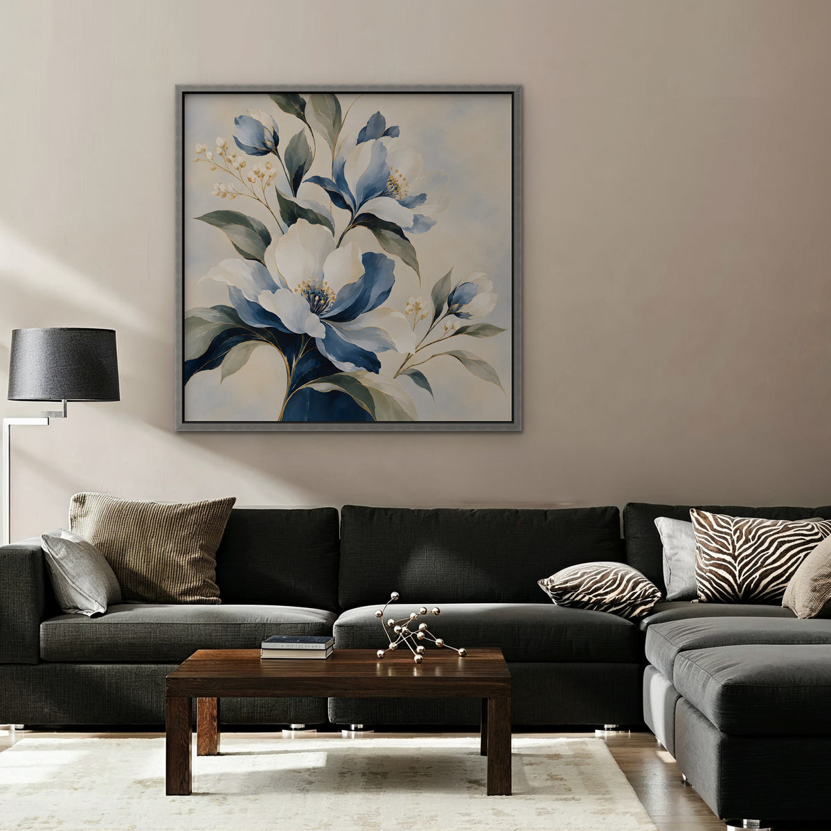 Blue Magnolia Bouquet Canvas Art - Square – Silver Floating Frame in room setting