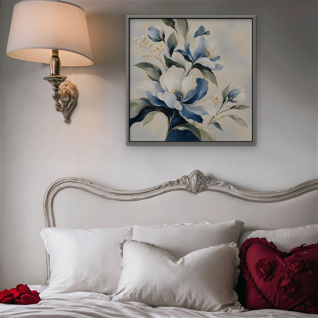Blue Magnolia Bouquet Canvas Art - Square – Silver Floating Frame in room setting