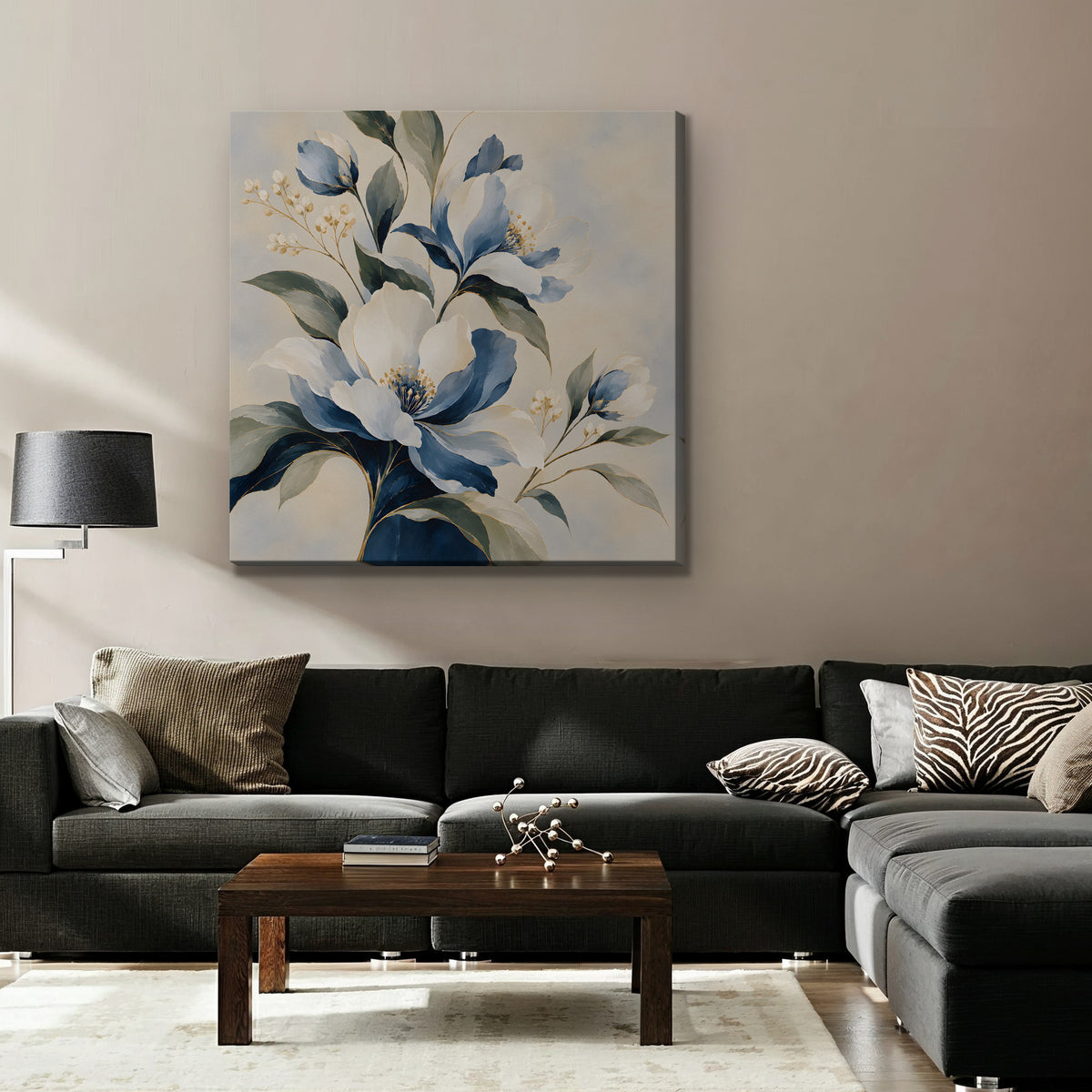 Blue Magnolia Bouquet Canvas Art - Square – Stretched Canvas Only in room setting