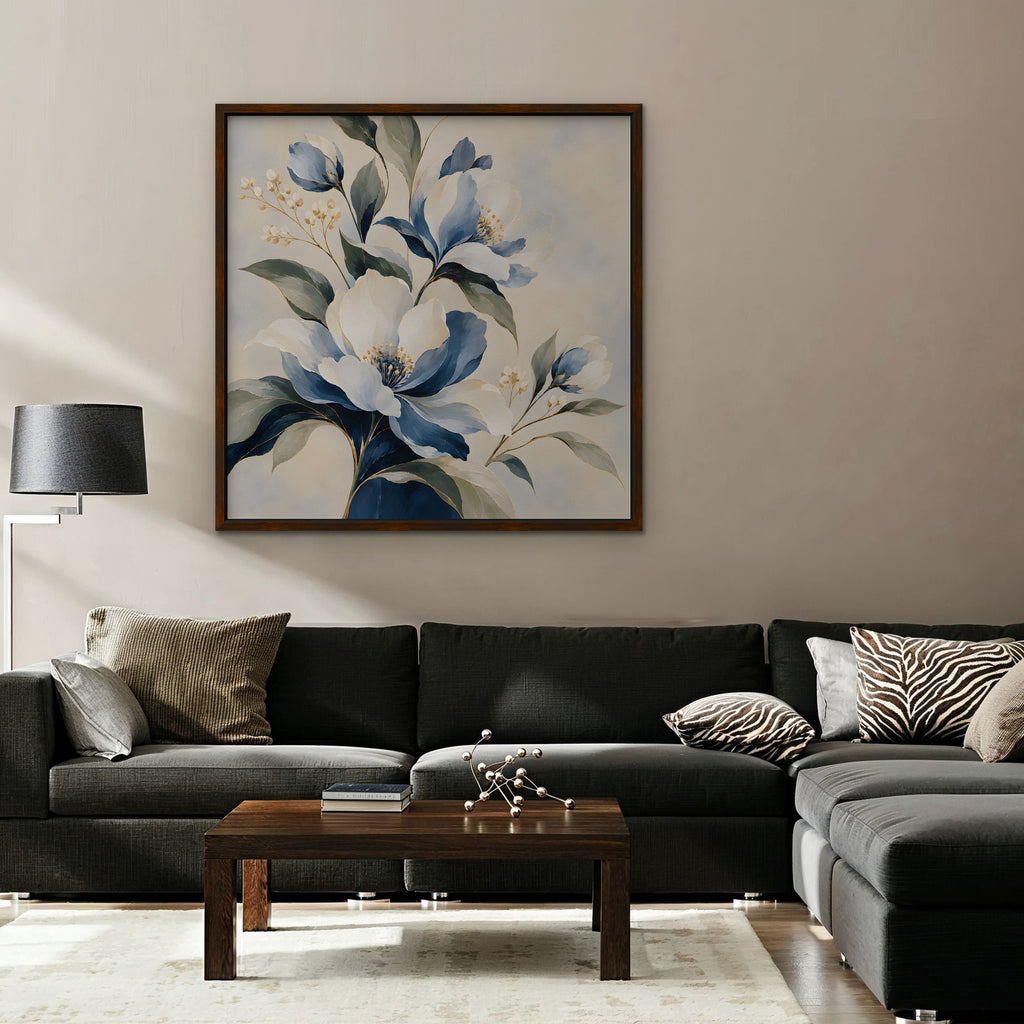 Blue Magnolia Bouquet Canvas Art - Square – Walnut Floating Frame in room setting