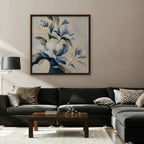 Blue Magnolia Bouquet Canvas Art - Square – Walnut Floating Frame in room setting