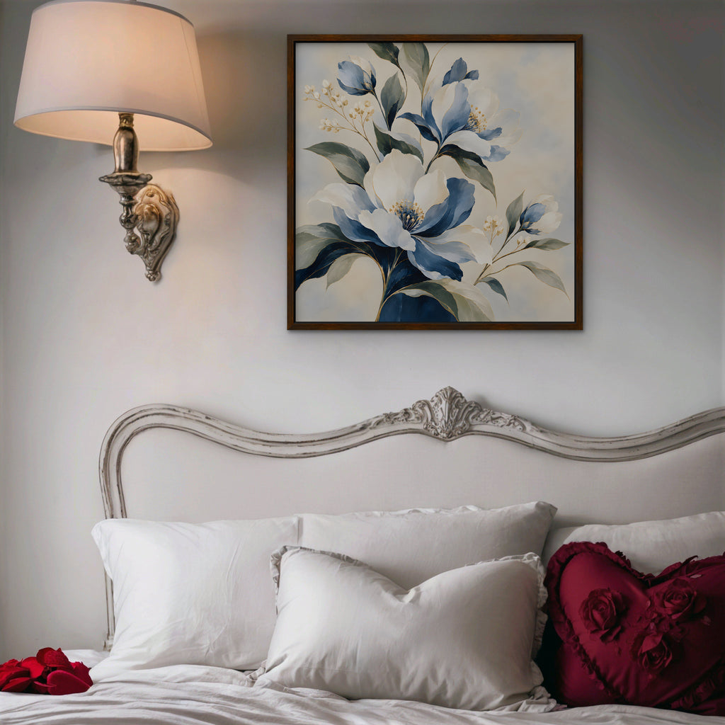 Blue Magnolia Bouquet Canvas Art - Square – Walnut Floating Frame in room setting