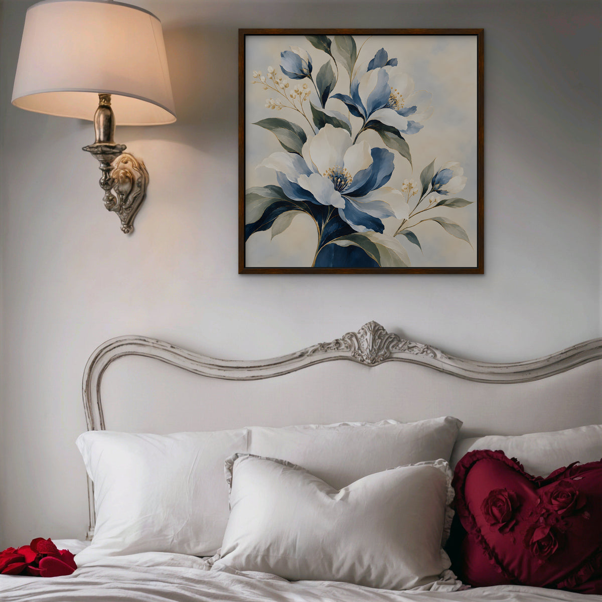 Blue Magnolia Bouquet Canvas Art - Square – Walnut Floating Frame in room setting