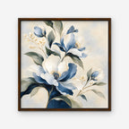 Blue Magnolia Bouquet Canvas Art - Square – Walnut Floating Frame on white background