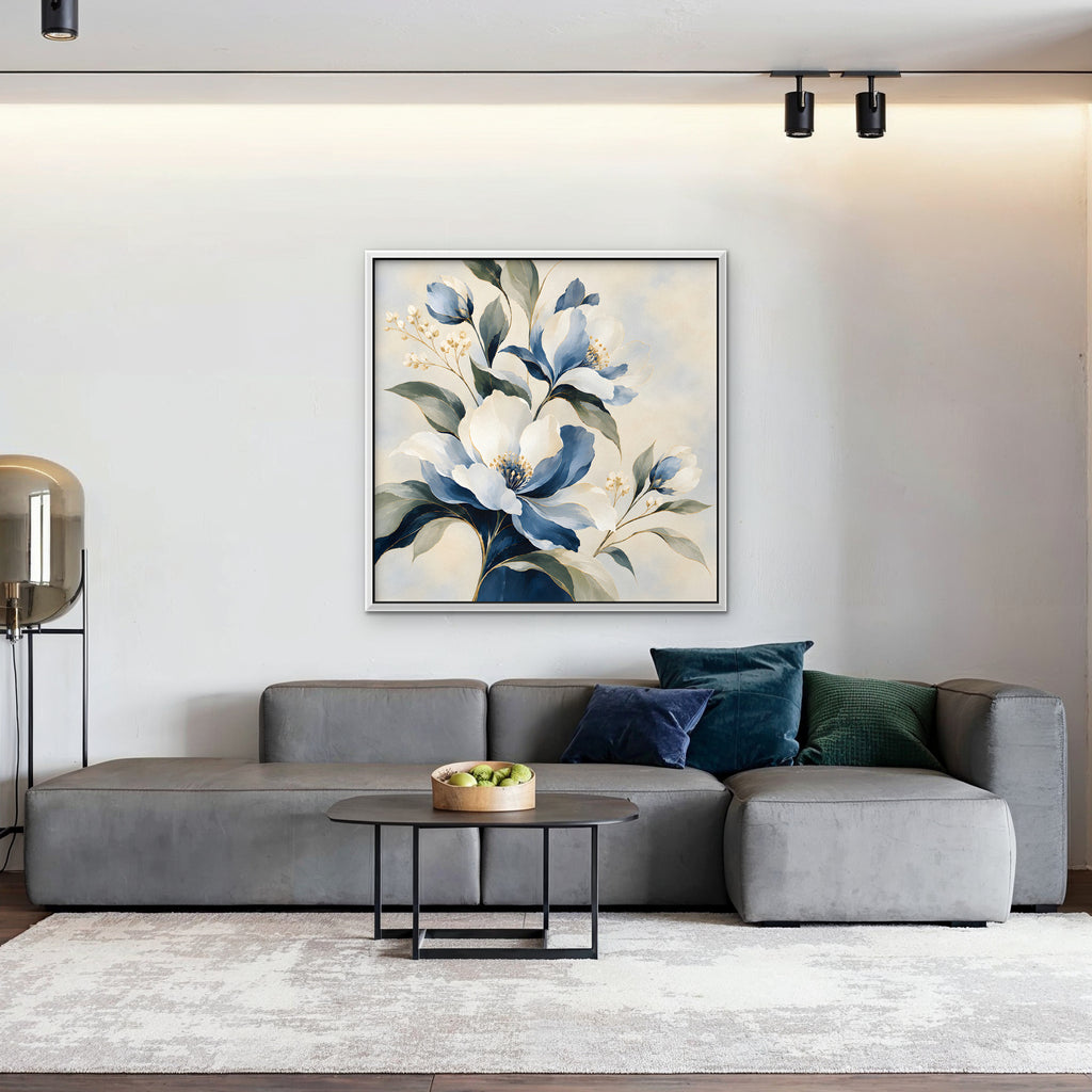 Blue Magnolia Bouquet Canvas Art - Square – White Floating Frame in room setting
