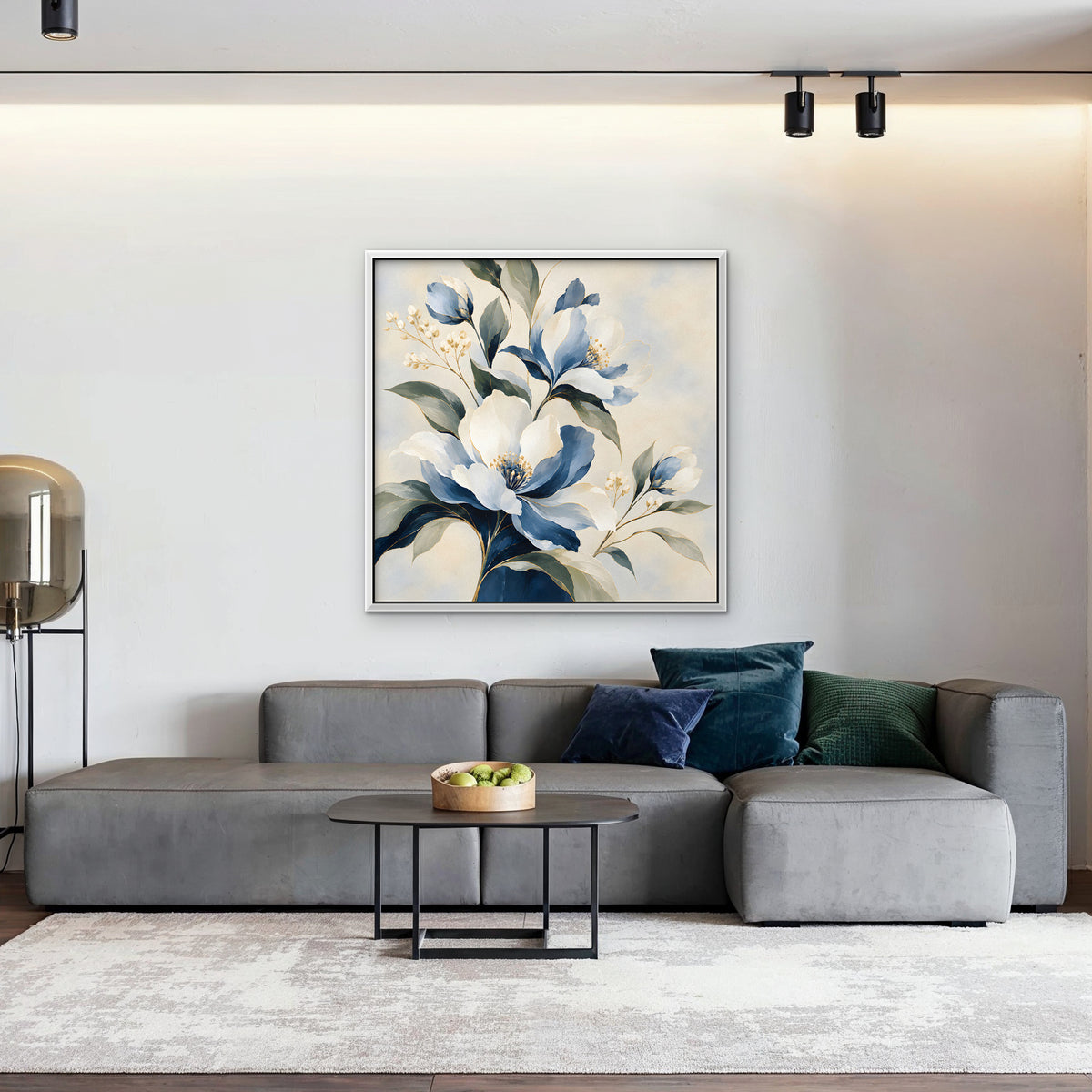 Blue Magnolia Bouquet Canvas Art - Square – White Floating Frame in room setting