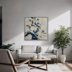 Blue Magnolia Bouquet Canvas Art - Square – White Floating Frame in room setting