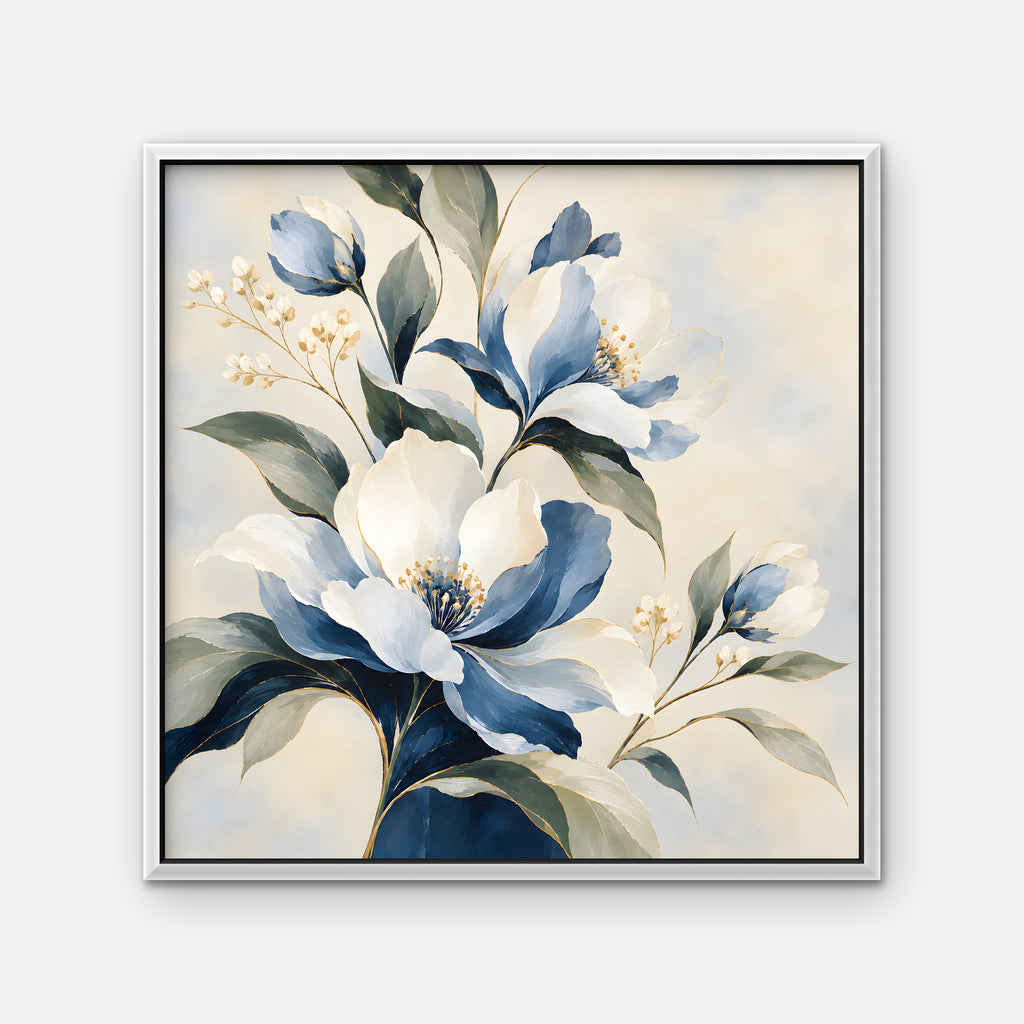 Blue Magnolia Bouquet Canvas Art - Square – White Floating Frame on white background