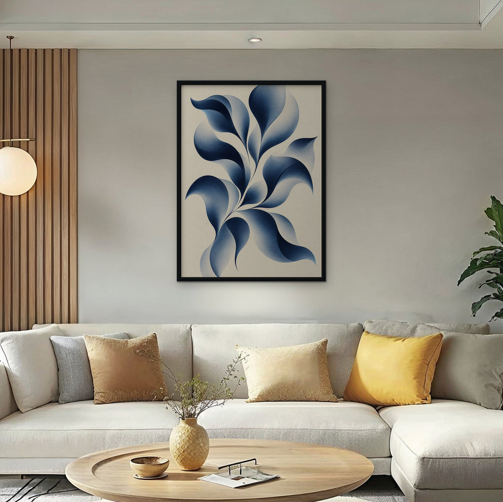 Blue Petal Vine Canvas Art - Vertical – Black Floating Frame in room setting