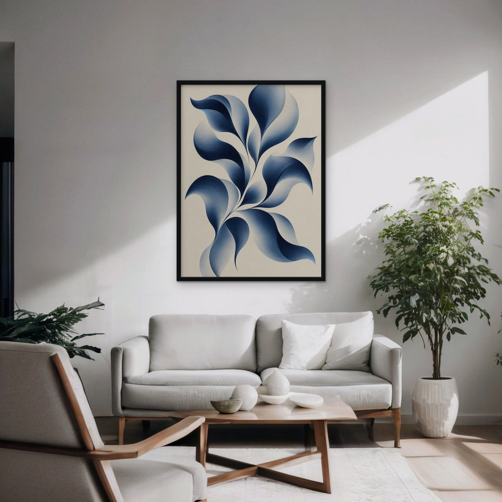 Blue Petal Vine Canvas Art - Vertical – Black Floating Frame in room setting