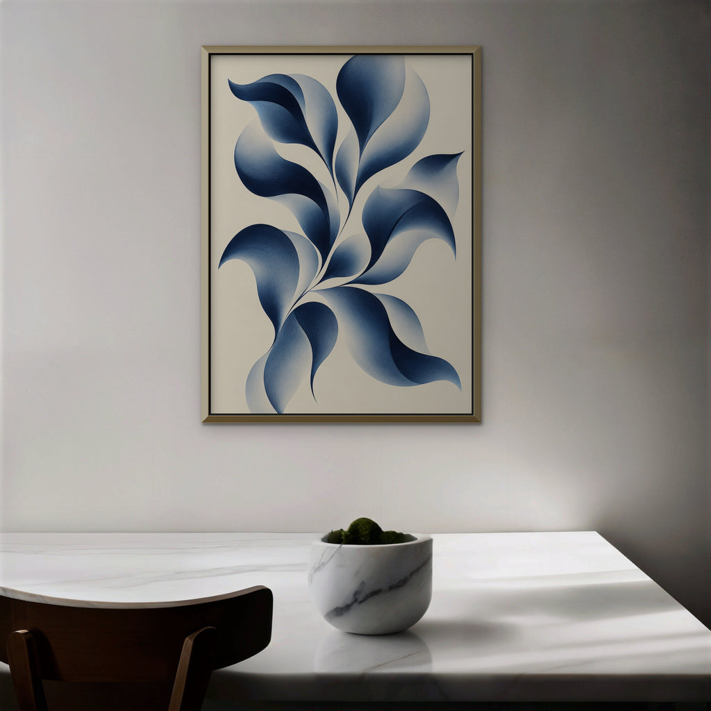 Blue Petal Vine Canvas Art - Vertical – Gold Floating Frame in room setting